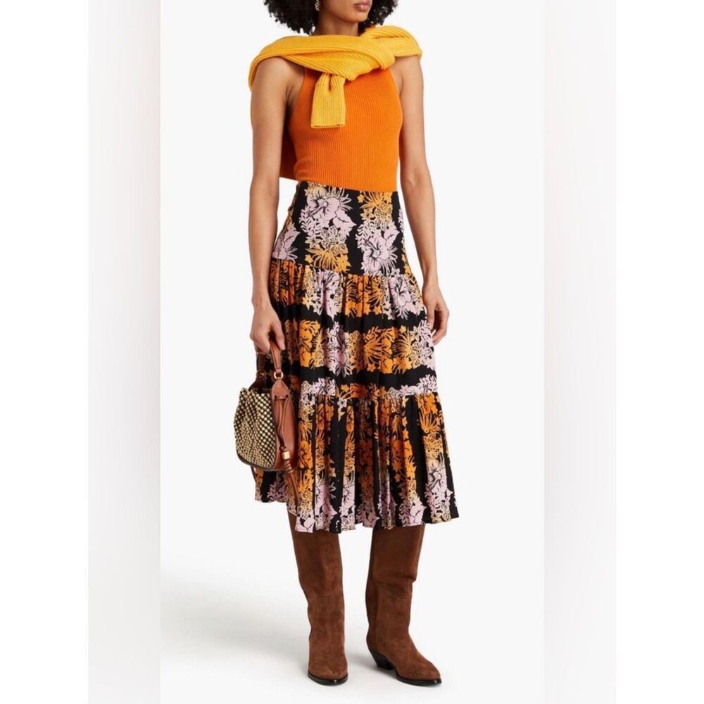 Sandro Maddie tiered midi skirt with a boho floral print.